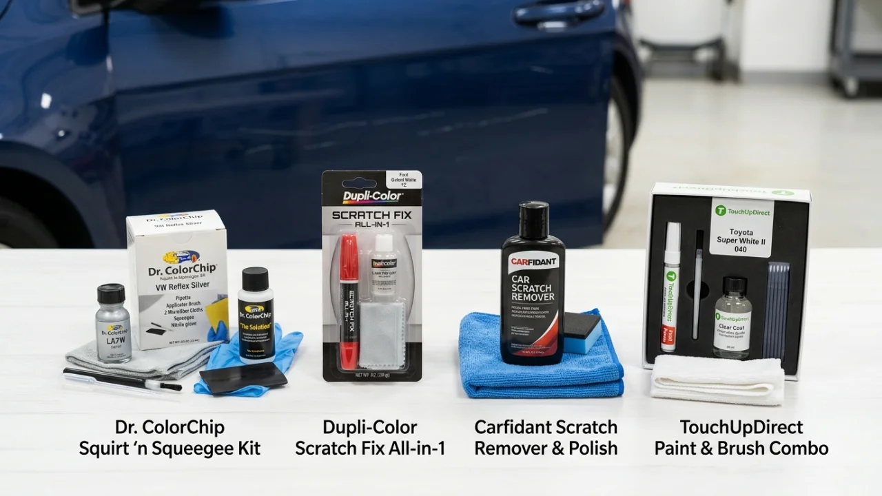 Touch-up paint pen being applied to a car scratch with before and after comparison