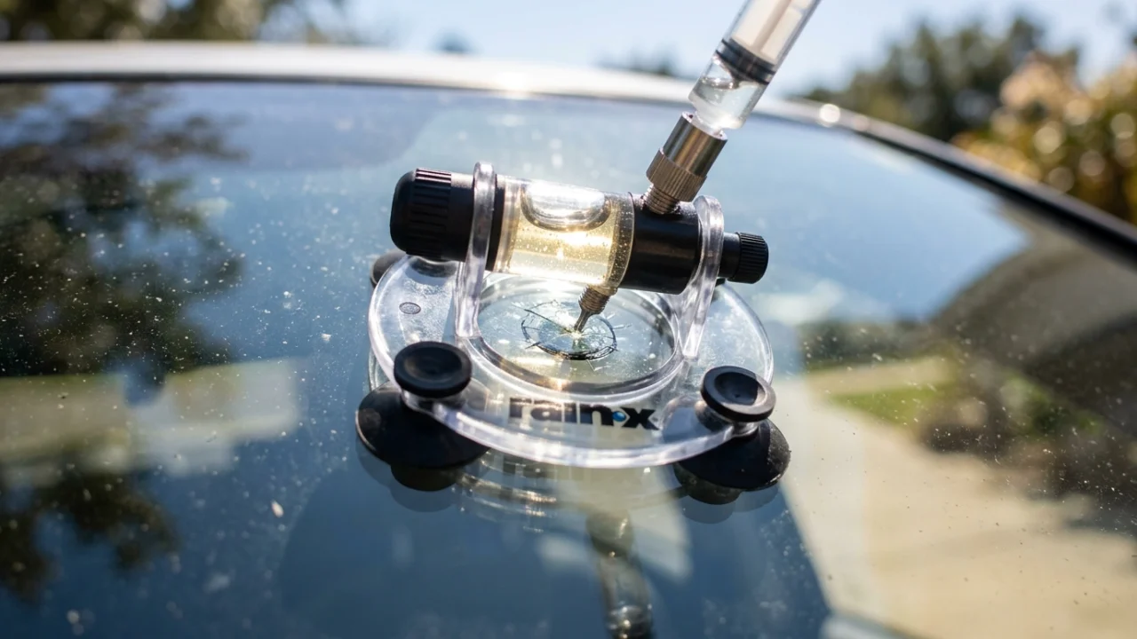 DIY windshield repair kit applicator pressed against a chipped windshield with resin filling the damage