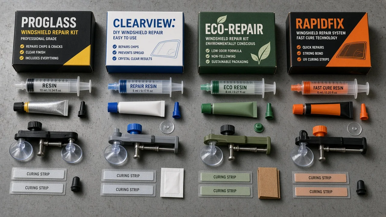 Four windshield repair kits with components laid out side by side for comparison on a workbench