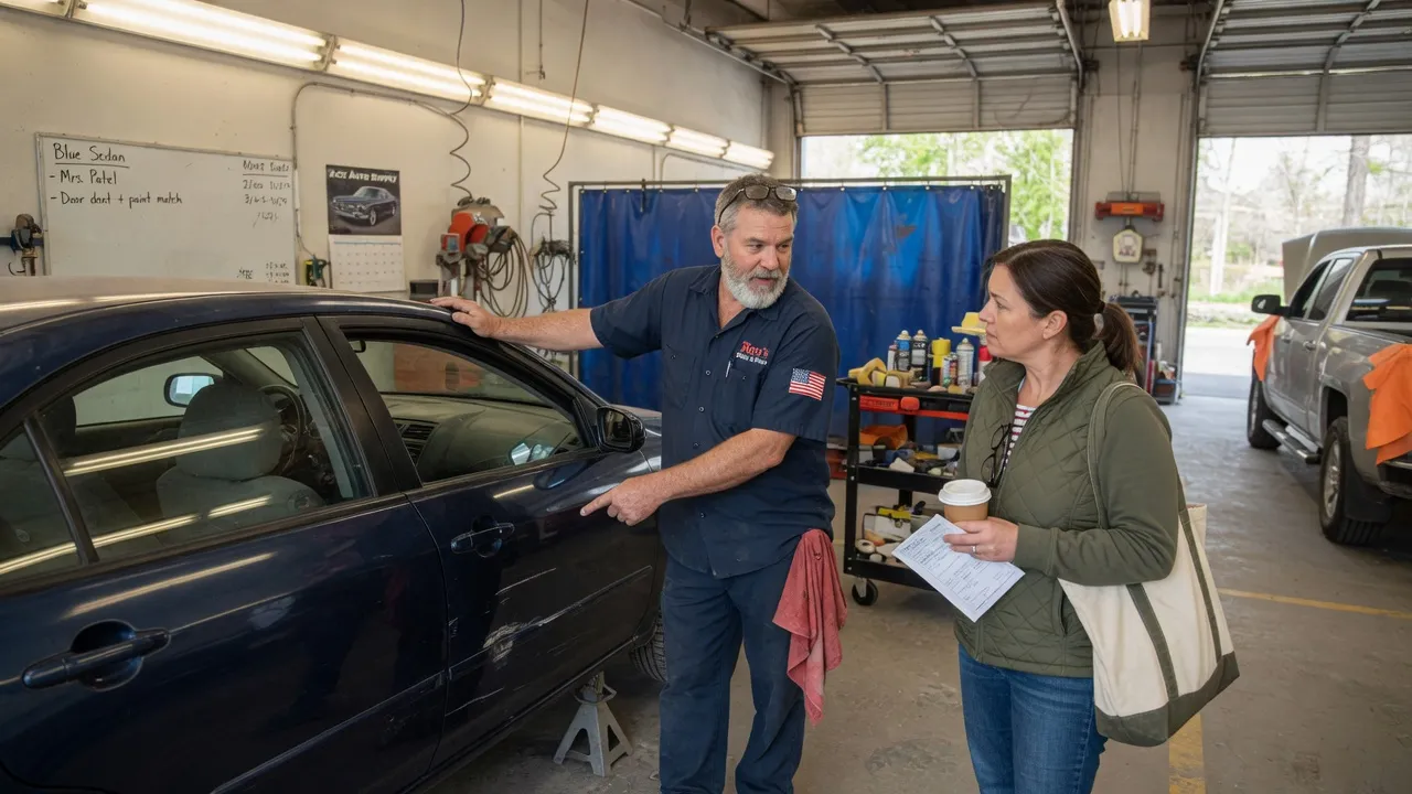 A friendly owner of an independent auto body shop talking directly with a car owner customer, both looking at a car in the shop bay. The shop owner is...