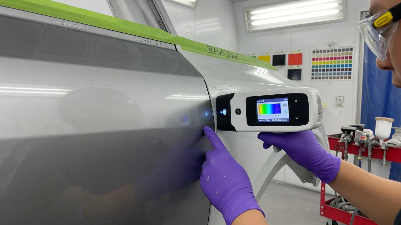 Close-up photo of a professional auto body technician carefully color-matching paint on a car panel using a spectrophotometer device. The technician i...