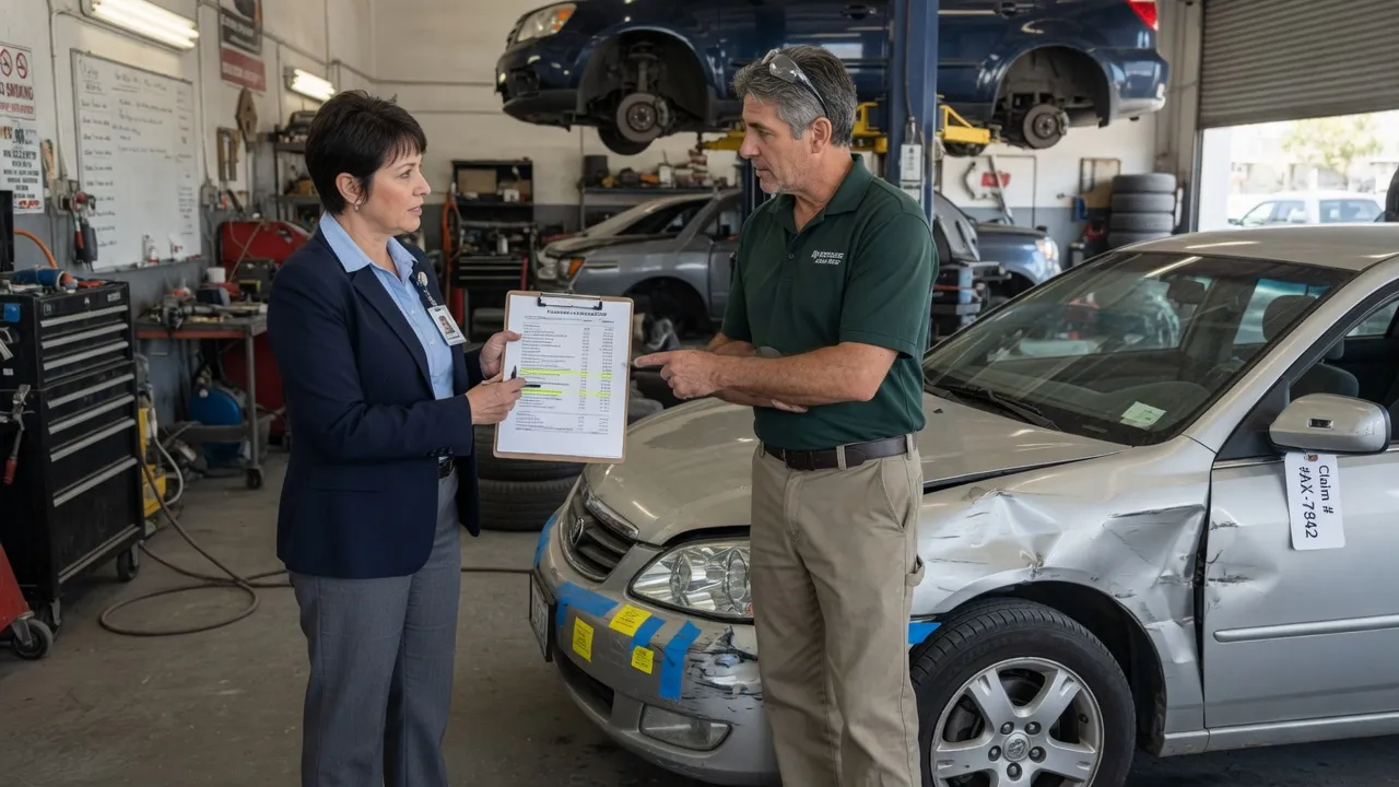 An insurance adjuster and an auto body shop owner reviewing a damage estimate together on a clipboard, standing next to a car with visible collision d...