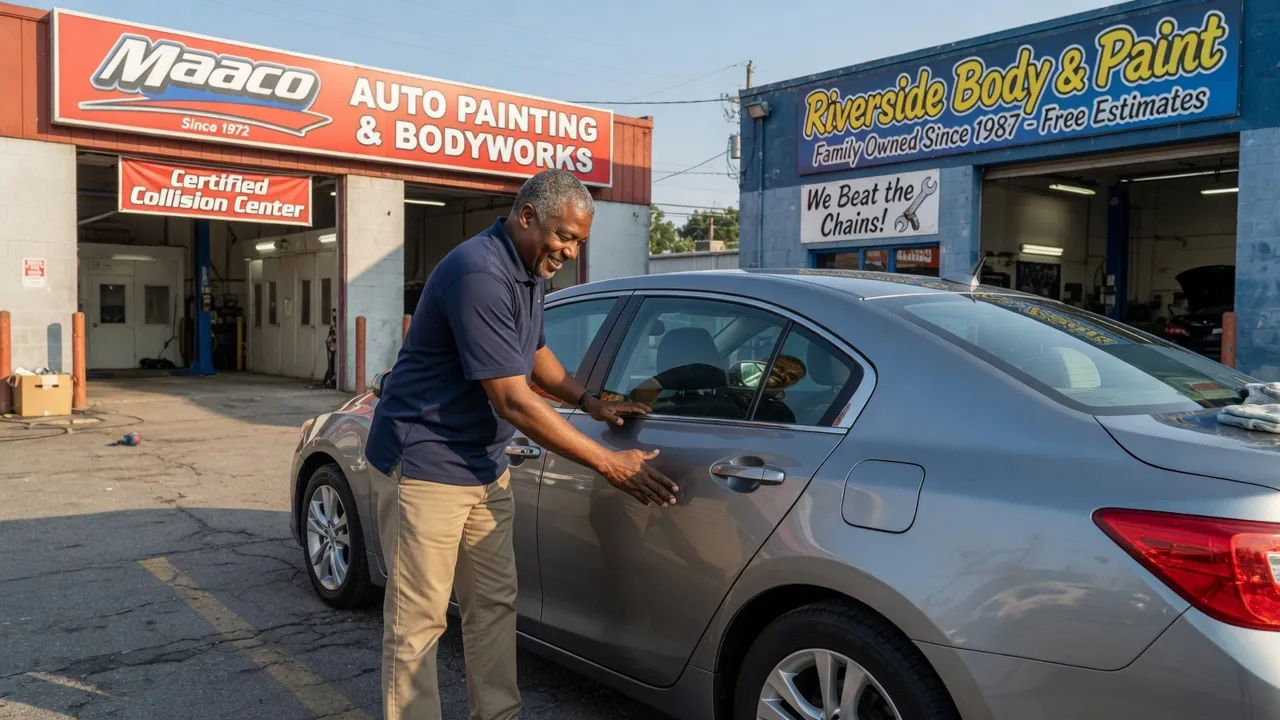 A satisfied car owner standing next to their newly repaired vehicle outside a body shop, looking pleased as they inspect the seamless repair. The car ...