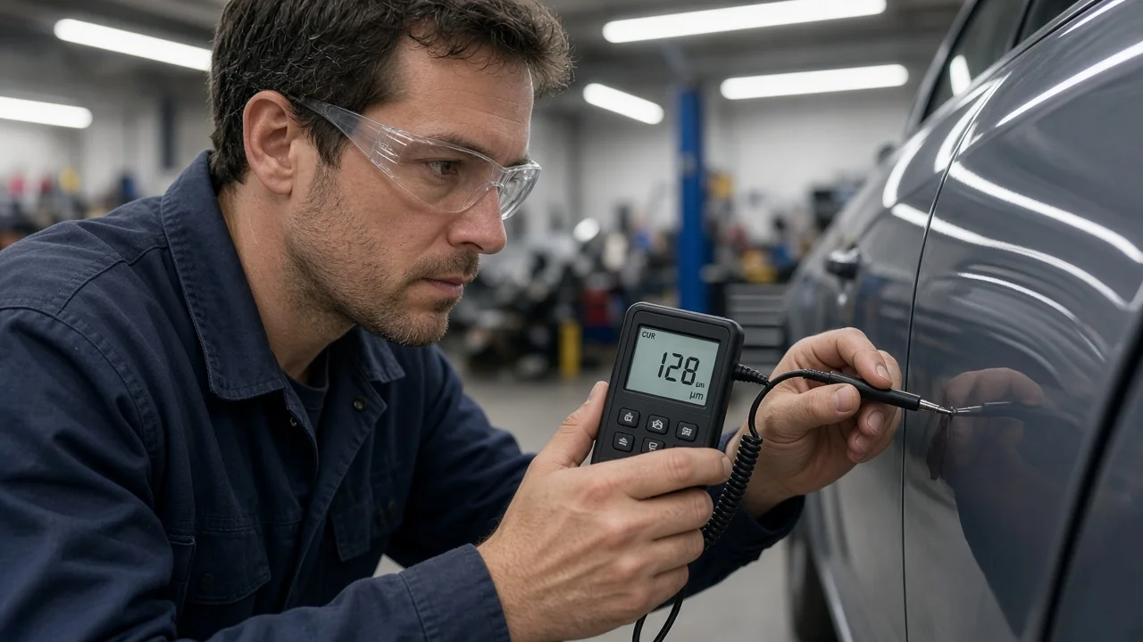 Body shop technician measuring paint thickness with a digital gauge on a repaired panel