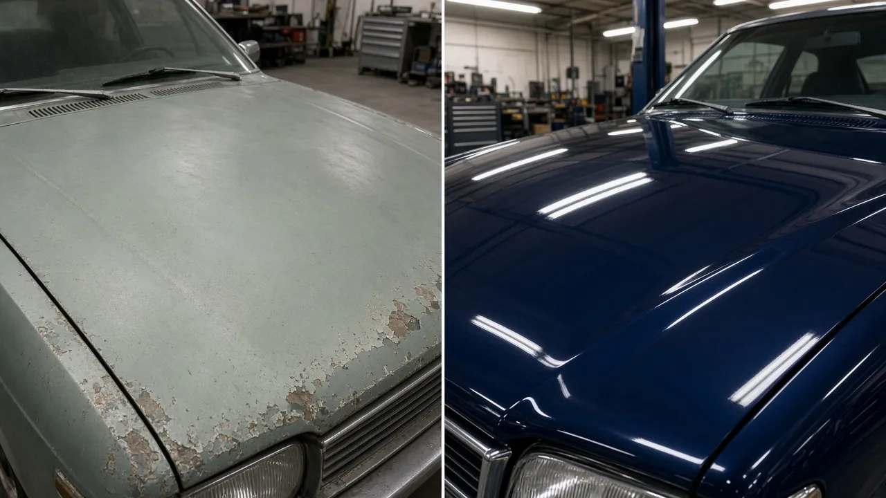 Side-by-side comparison of faded single-stage enamel versus glossy urethane finish on car hoods