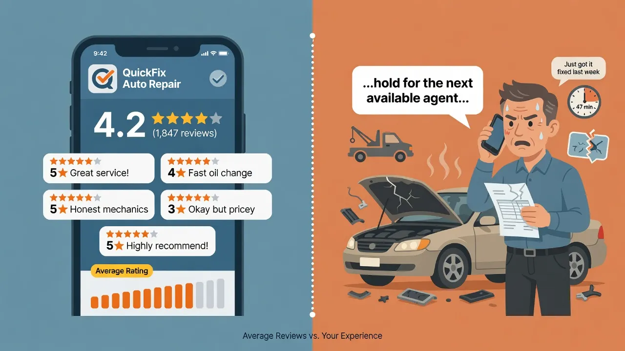 Split-screen comparison showing positive star ratings on a smartphone screen on one side and a frustrated car owner on a phone call on the other side,...