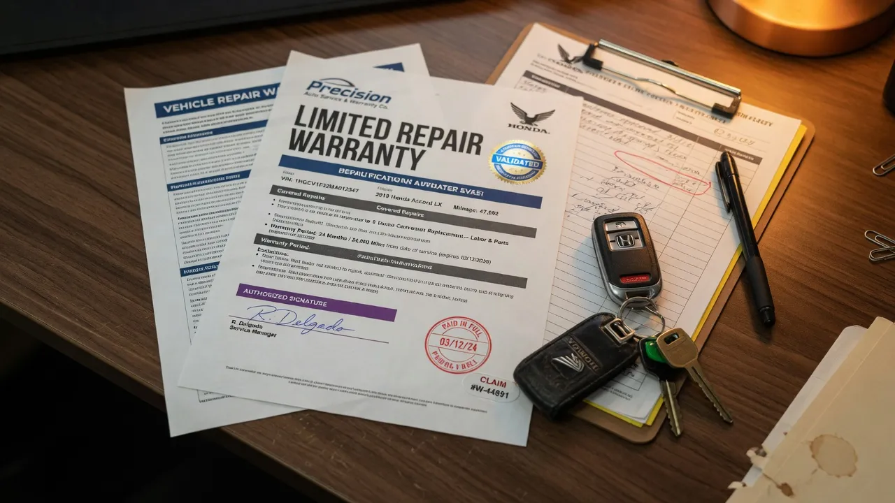 Close-up of a vehicle repair warranty document on a desk alongside car keys and a clipboard, warm interior lighting, realistic editorial photography, ...