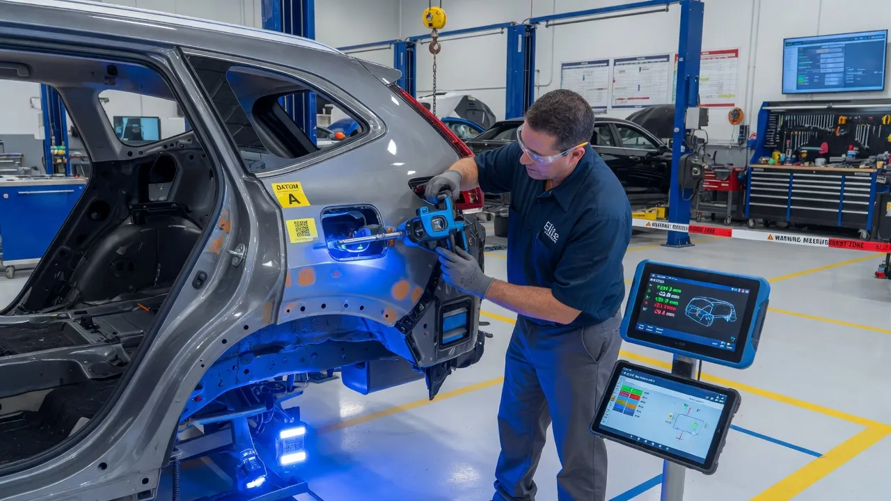 Auto body technician in a professional shop performing a precise measurement on a vehicle panel with digital measuring equipment, modern collision rep...