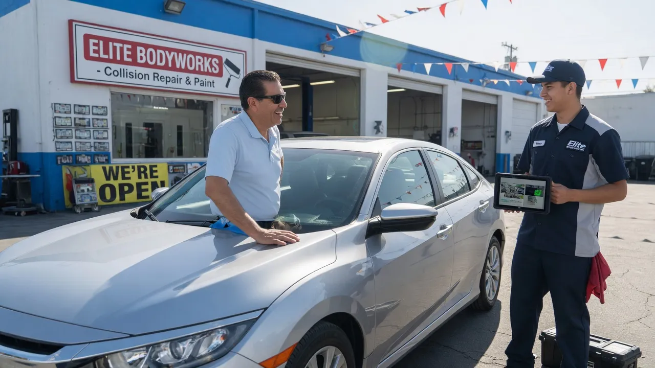 Satisfied car owner inspecting their freshly repaired silver sedan in bright sunlight outside a body shop, technician in clean uniform standing nearby...
