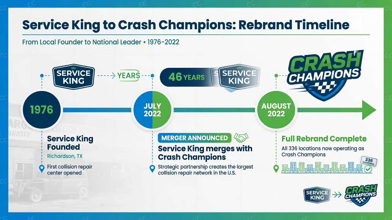 Timeline infographic showing the Service King to Crash Champions rebrand history. A clean horizontal timeline with three key milestones: 1976 (Service...