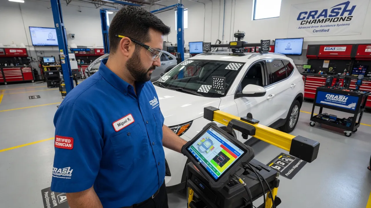 A professional photo of a Crash Champions technician in a clean, well-lit shop environment. The technician is wearing a Crash Champions branded unifor...