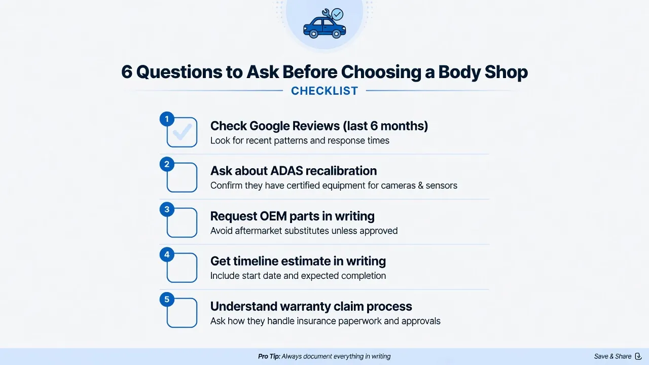 A clean, visually organized checklist graphic showing '6 Questions to Ask Before Choosing a Body Shop' formatted as a vertical checklist with checkbox...