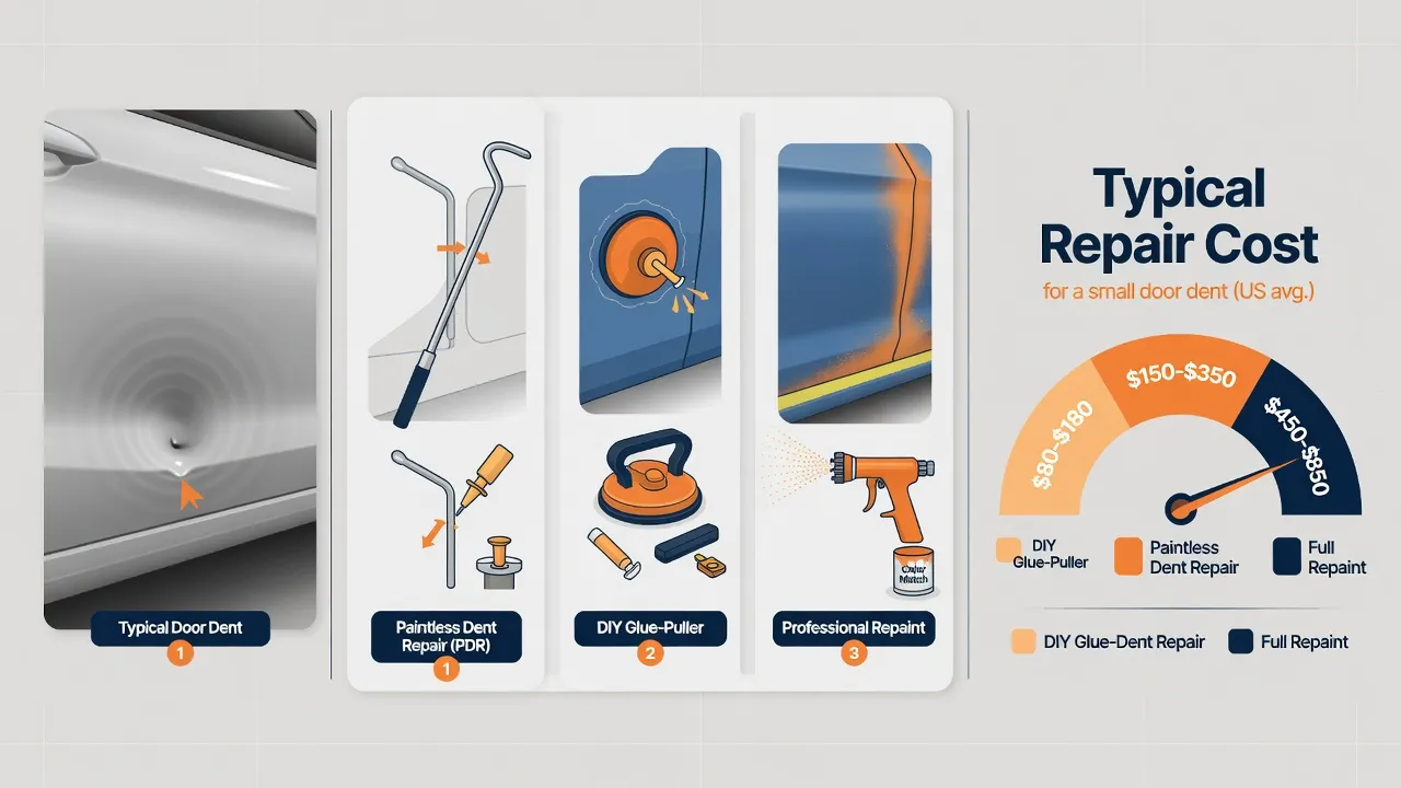 Infographic comparing door ding repair options and typical 2026 cost ranges by method
