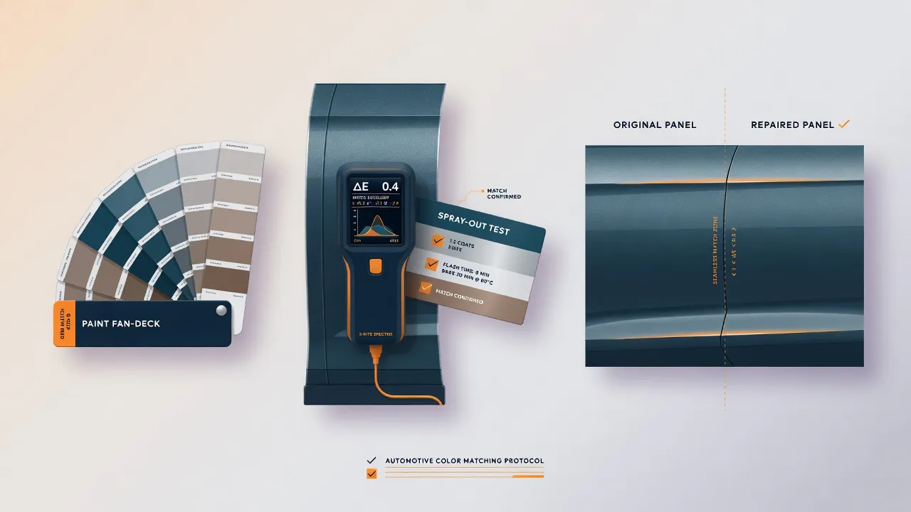Infographic showing car paint color matching with a fan deck, spectrophotometer, and panel blend