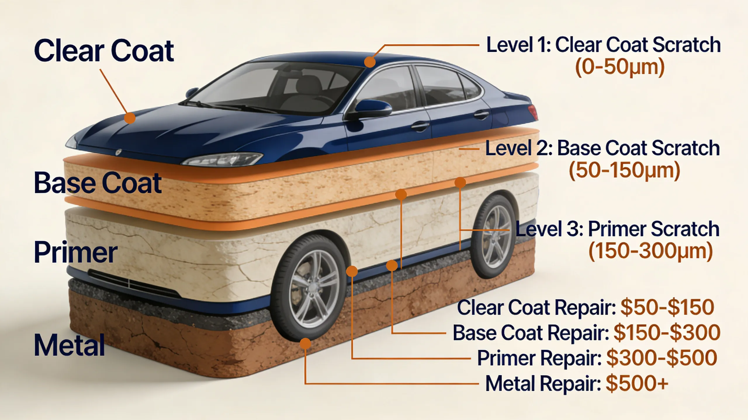 Cross-section diagram showing 4 levels of car scratch depth from clear coat to bare metal with repair costs