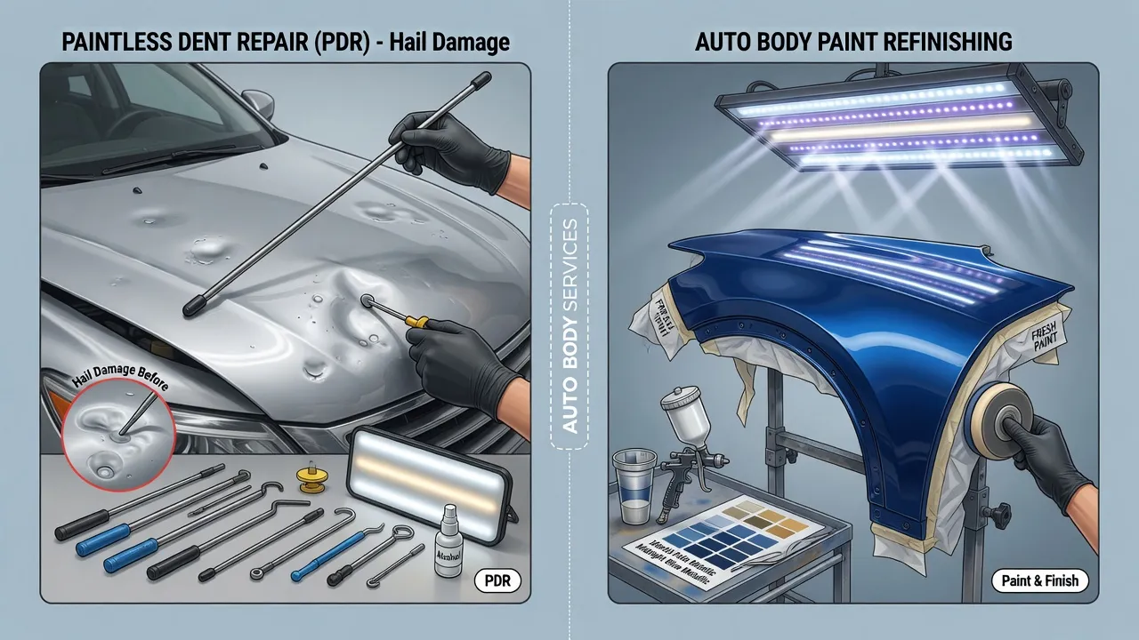 Split-panel illustration showing the range of auto body services: left panel shows hail-damaged hood being repaired with PDR rods (paintless dent repa...