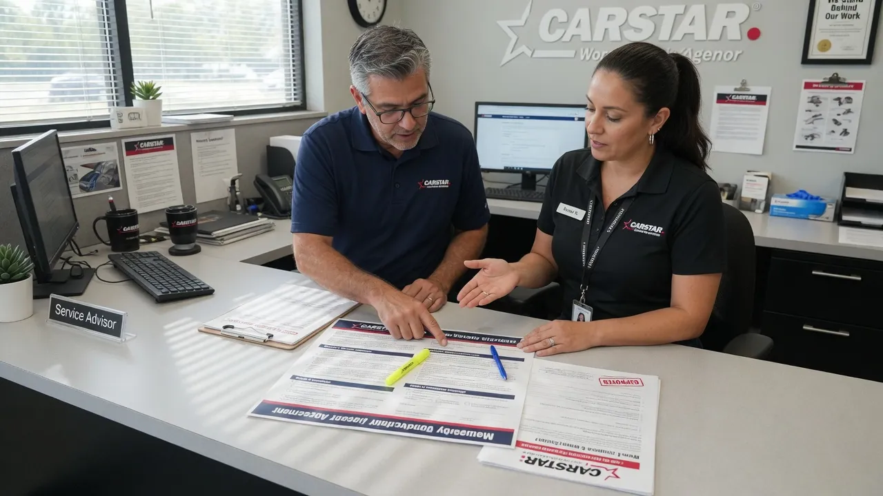 Close-up of a car owner and service advisor reviewing a repair warranty document at a CARSTAR service desk. Professional interior of a body shop offic...