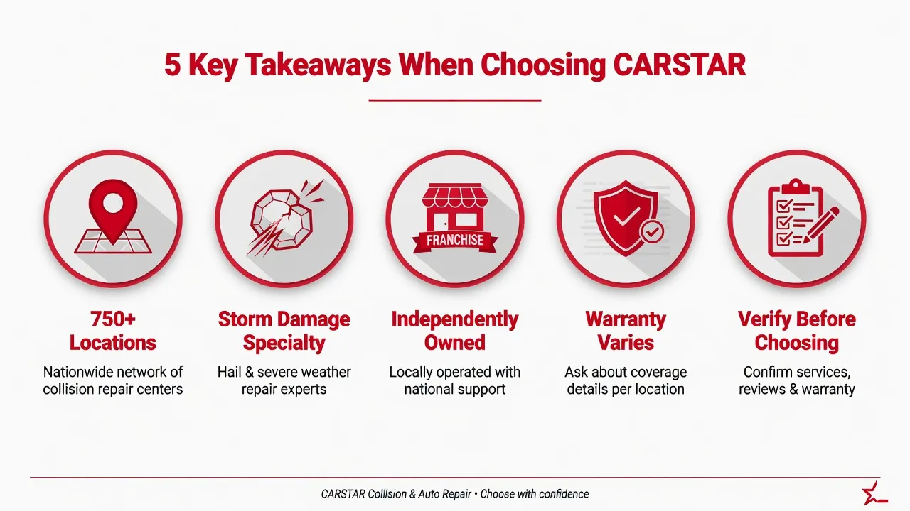 Clean summary graphic with five key takeaway icons: a map pin (750+ locations), a hailstone (storm damage specialty), a franchise symbol (independentl...