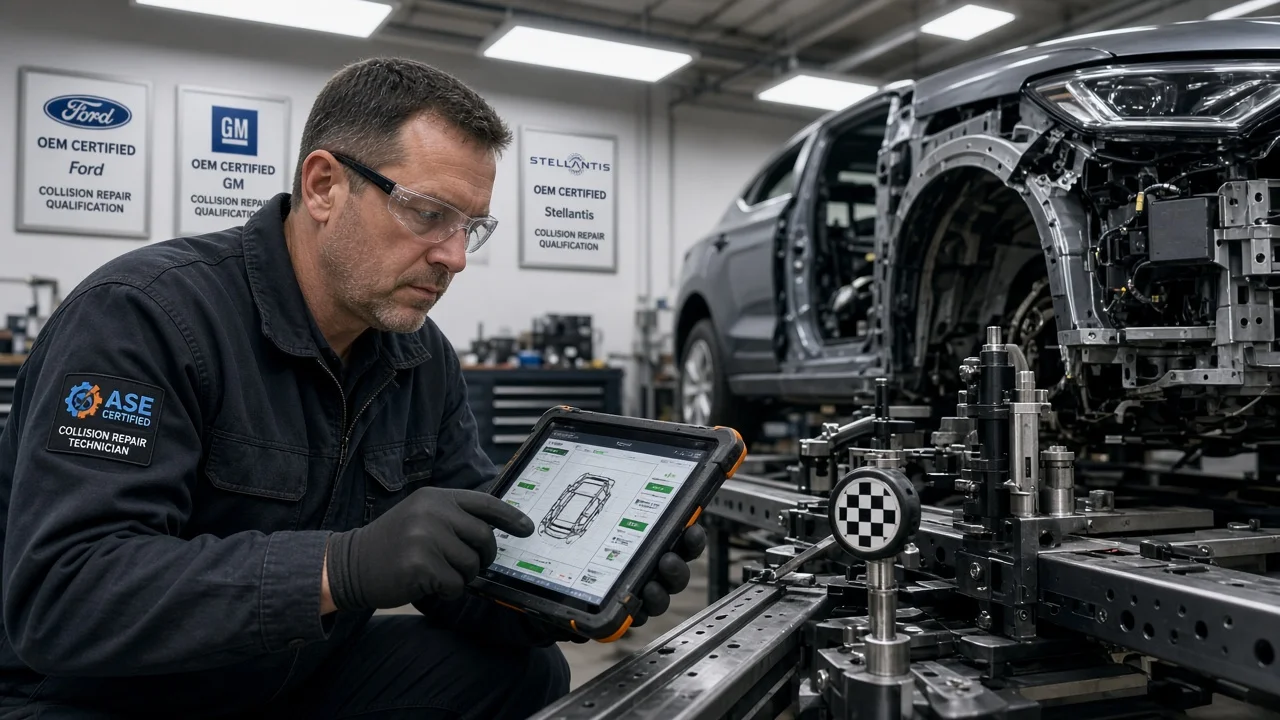 Certified collision repair technician performing computerized frame measurement on an SUV with OEM certification plaques on the wall