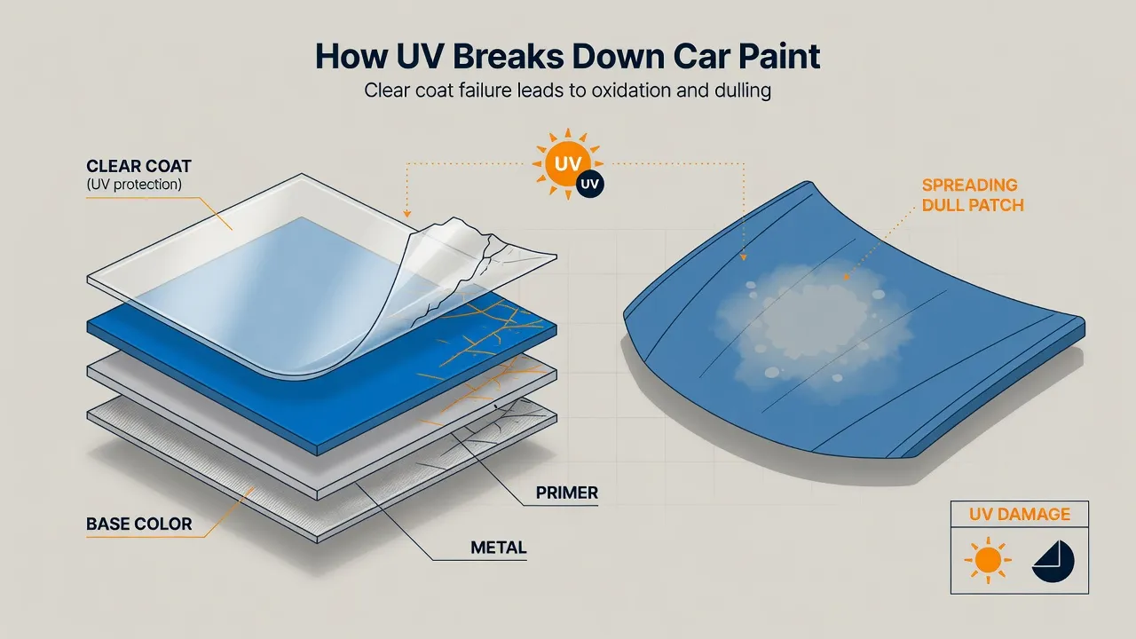 Infographic diagram of car paint layers with peeling clear coat and how UV damage spreads