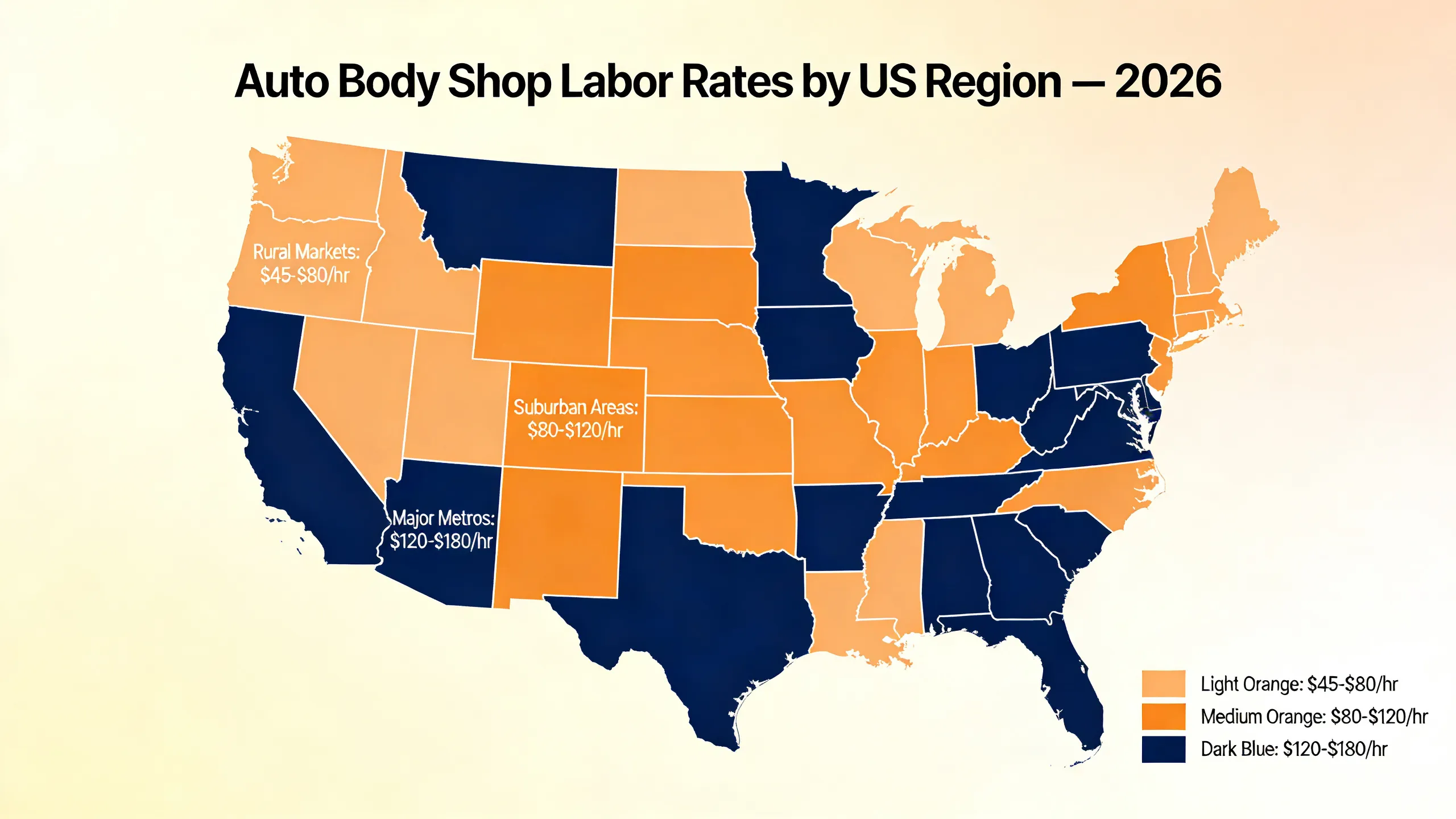 US map infographic showing regional auto body shop labor rate ranges in 2026, from $45-$80 per hour in rural markets to $120-$180 per hour in major metropolitan areas