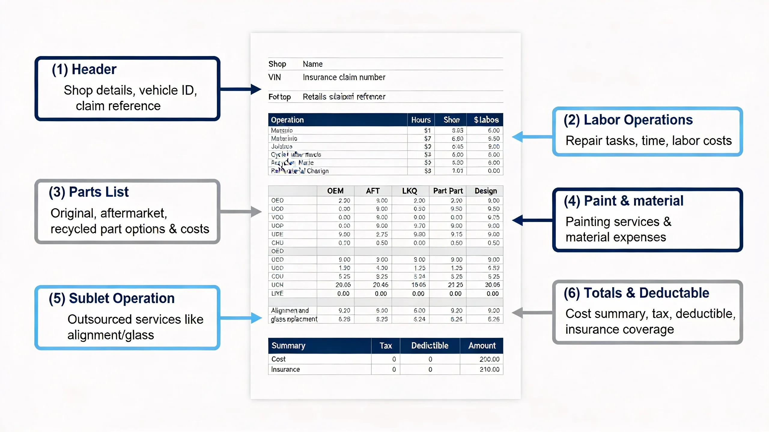Annotated diagram of a collision repair estimate showing header, labor, parts, materials, sublet, and totals sections with callout labels