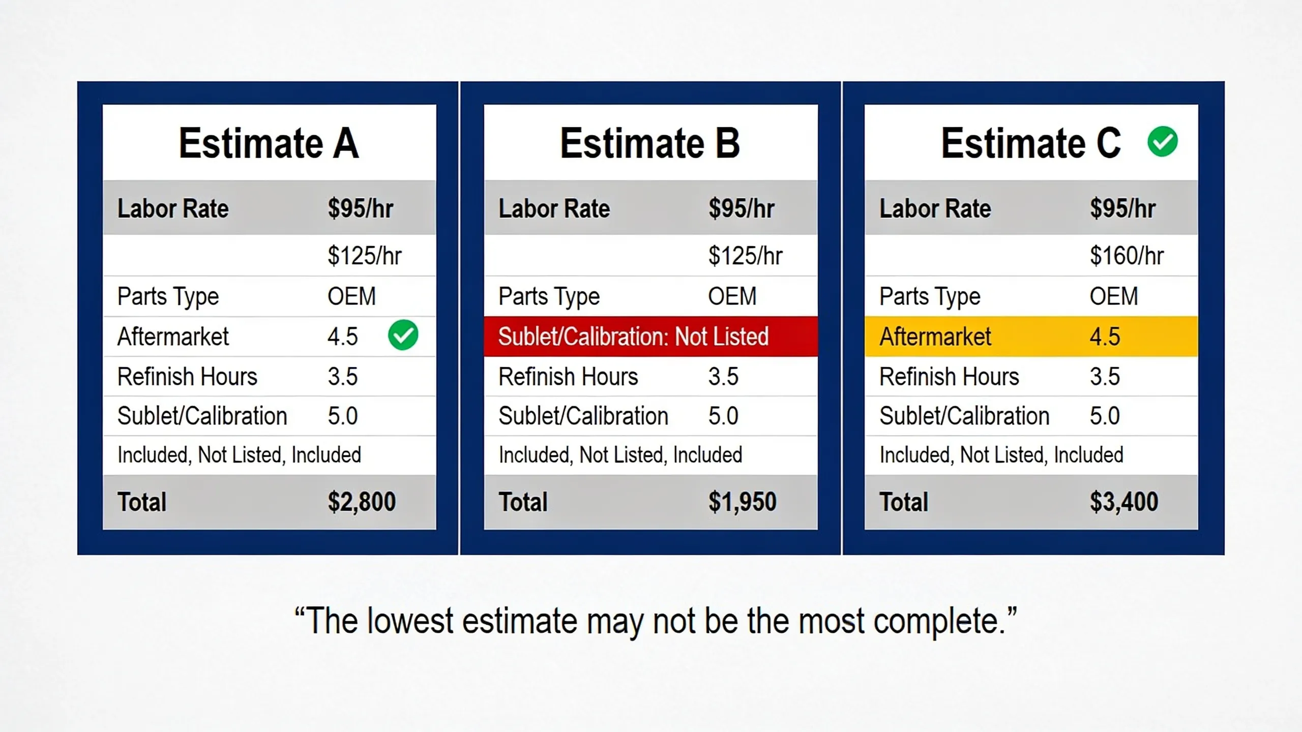 Side-by-side comparison of three collision repair estimates for the same damage showing different labor rates, parts choices, and totals