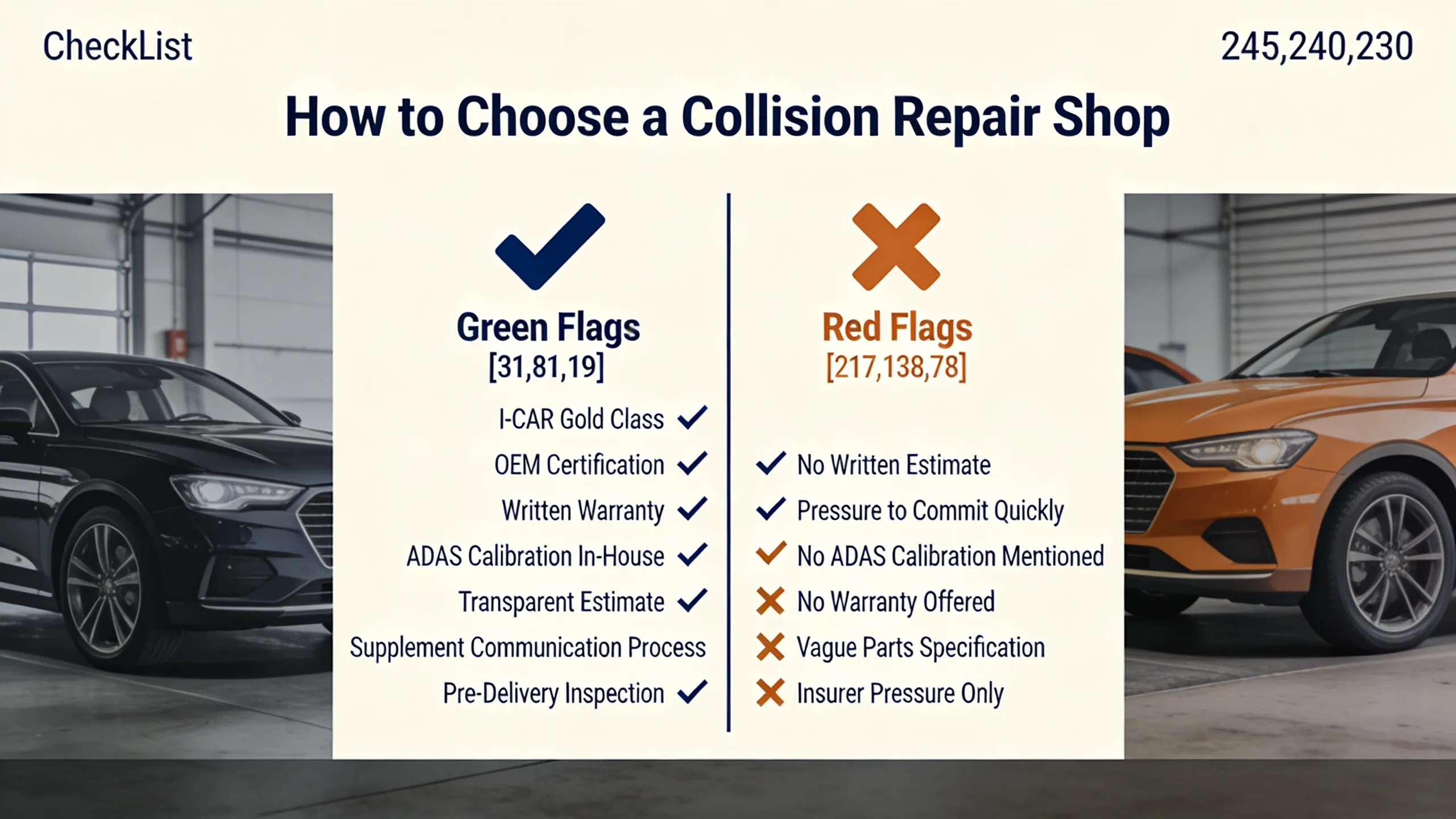 Side-by-side infographic checklist of green flags and red flags when choosing a collision repair shop