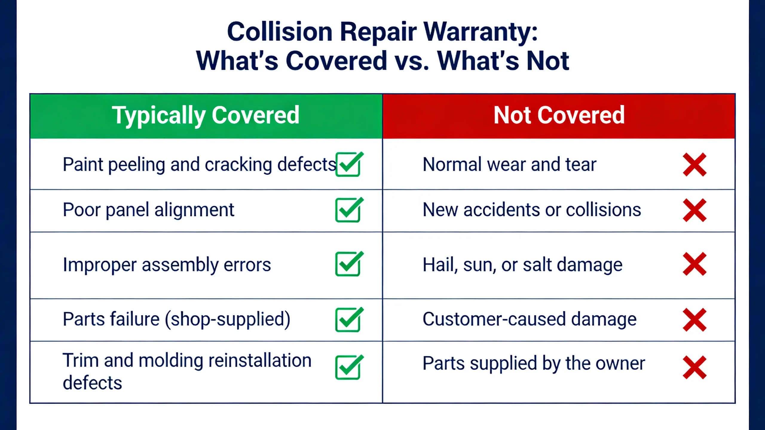 Infographic showing what a collision repair warranty covers versus what it does not cover, with green checkmarks and red X marks