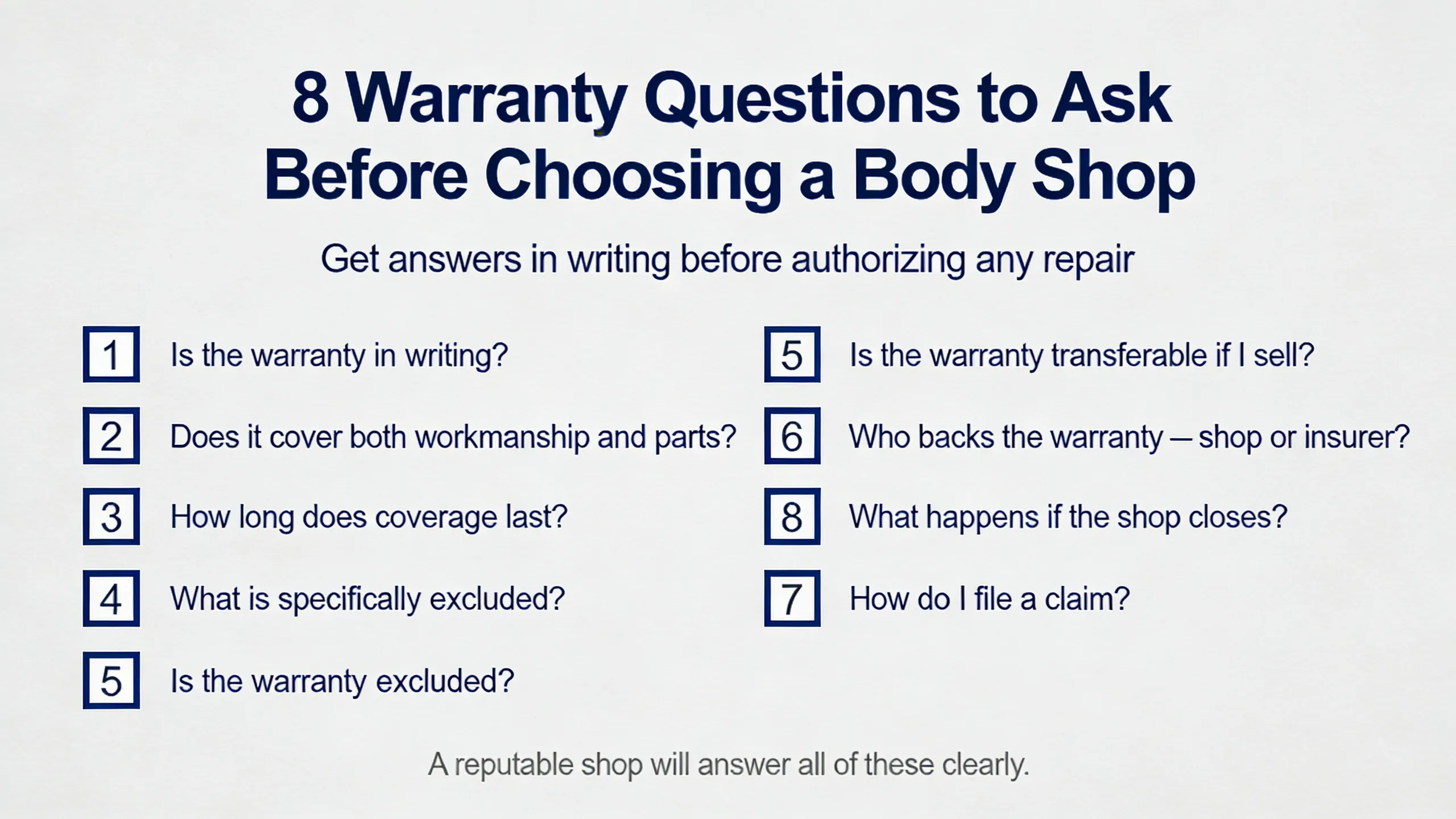 Checklist infographic showing 8 warranty questions to ask before choosing a body shop