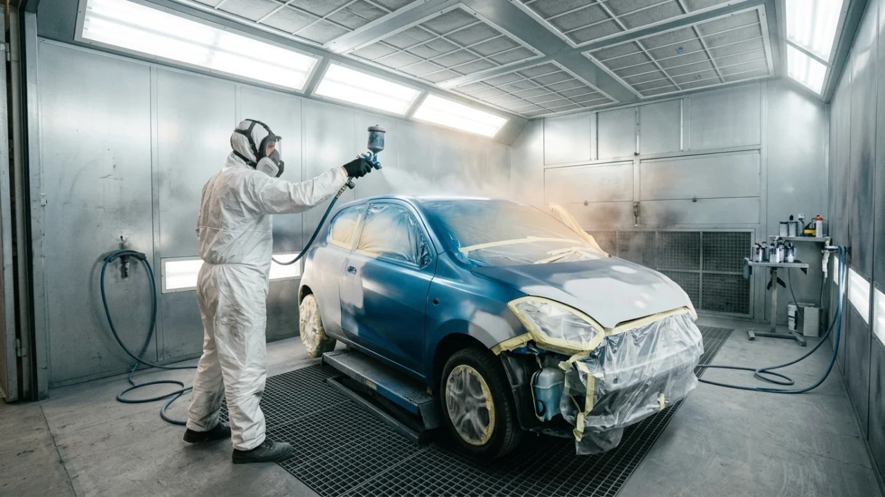 Painter in protective suit repainting a compact car inside a spray booth