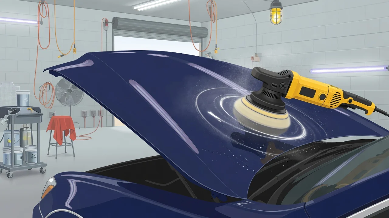 Machine polisher buffing fresh clear coat on a dark blue car hood