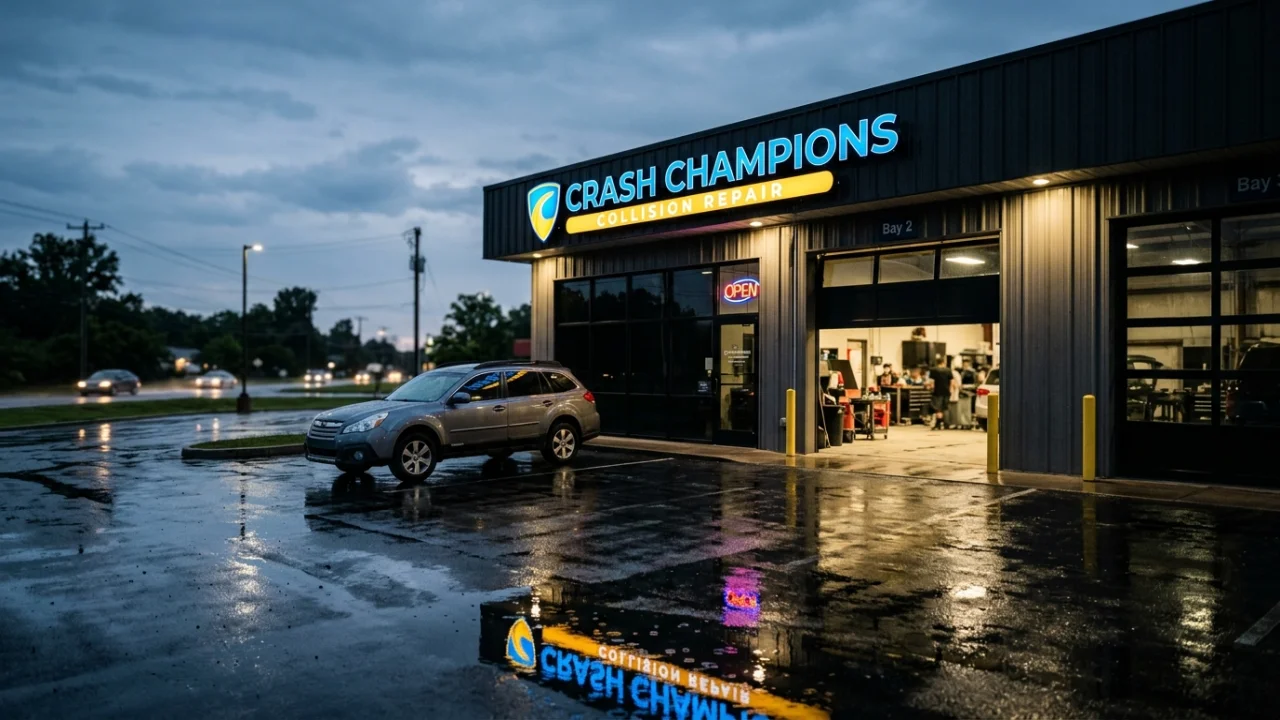 Crash Champions auto body shop exterior at dusk with service bay partially open