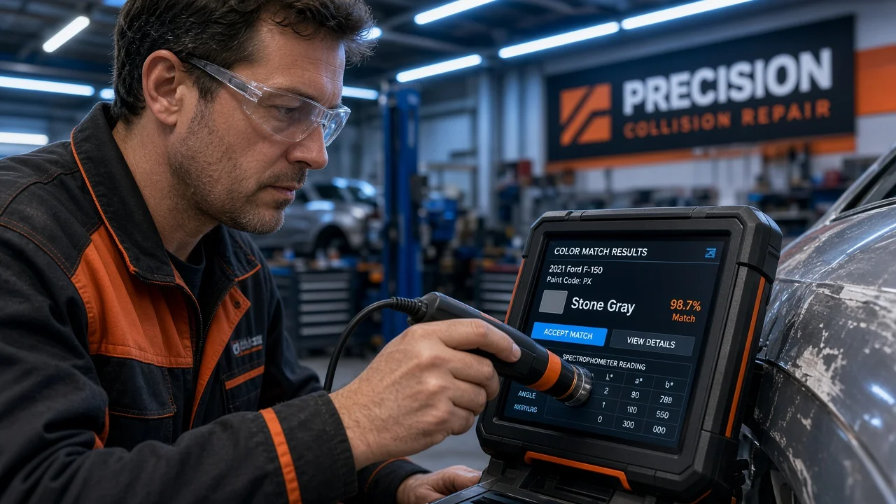 Collision repair technician using computerized paint matching equipment in a modern body shop