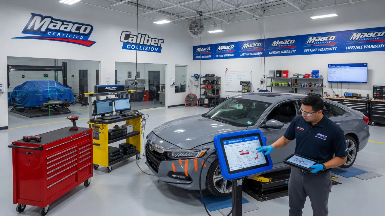 Interior of a collision repair bay at a modern chain body shop, technician in branded uniform using computerized diagnostic equipment on a modern seda...