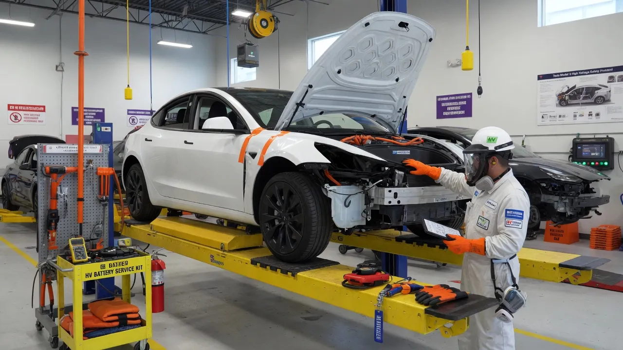 Tesla Model 3 or similar electric vehicle on a lift in a modern EV-certified collision repair bay, specialized high-voltage safety equipment visible, ...