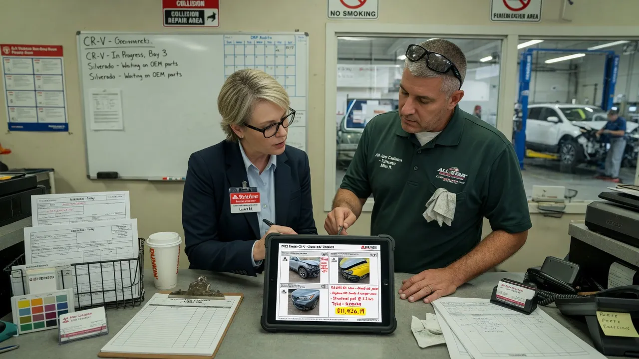 Insurance adjuster and body shop estimator reviewing a damage estimate on a tablet at a collision repair shop counter, professional setting, neutral l...