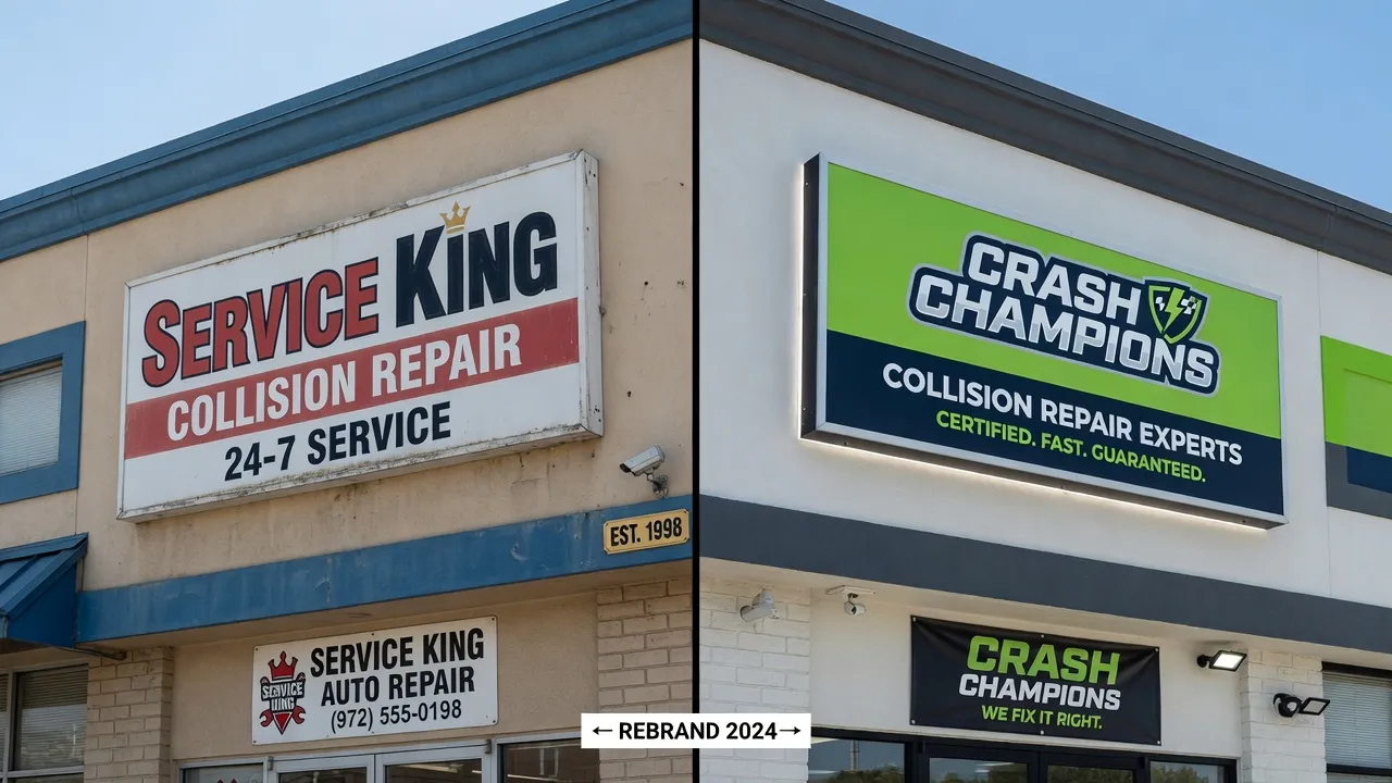 Split image comparison of an older Service King sign and a new Crash Champions sign on the same building exterior, showing the rebrand transition, cle...
