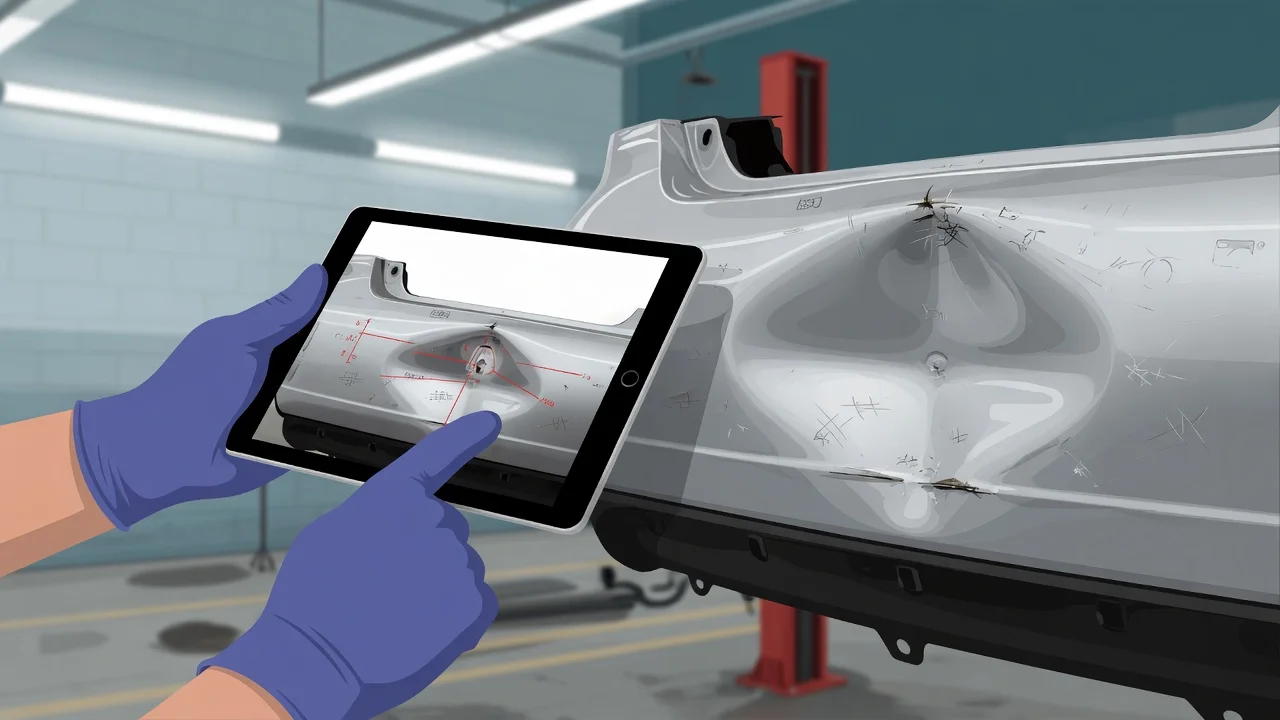Estimator inspecting a dented bumper with a digital tablet