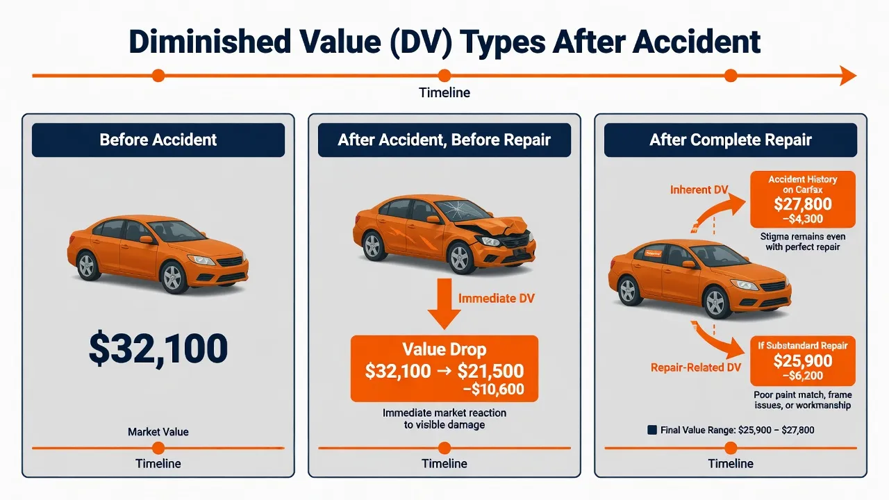 A three-panel comparison graphic showing the three DV types on a timeline. Panel 1 (labeled 'Before accident'): car icon, $32,100 value. Panel 2 (labe...