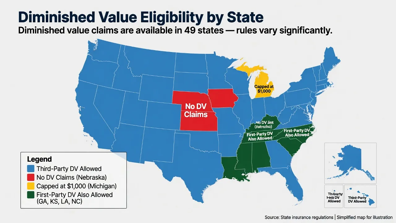 A simplified US map infographic showing diminished value eligibility. Color coding: most states in medium blue labeled 'Third-Party DV Allowed,' Nebra...