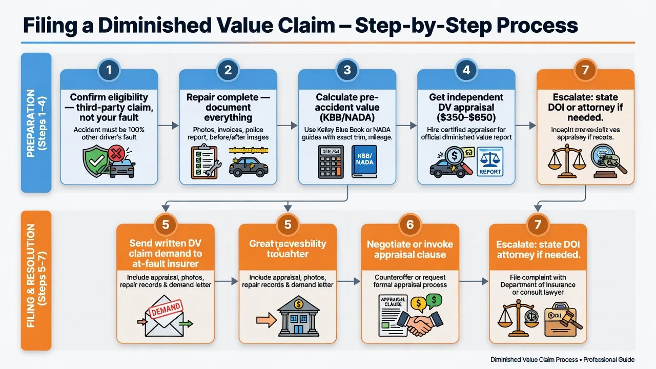 A numbered process flowchart for filing a diminished value claim. Seven steps shown as connected boxes flowing downward: 1) 'Confirm eligibility — thi...
