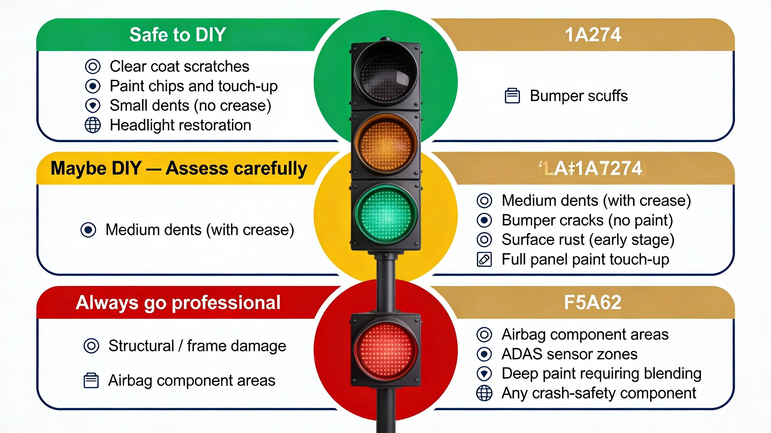 Traffic light chart showing which auto body repairs are safe to DIY (green), borderline (yellow), and always need a professional (red)