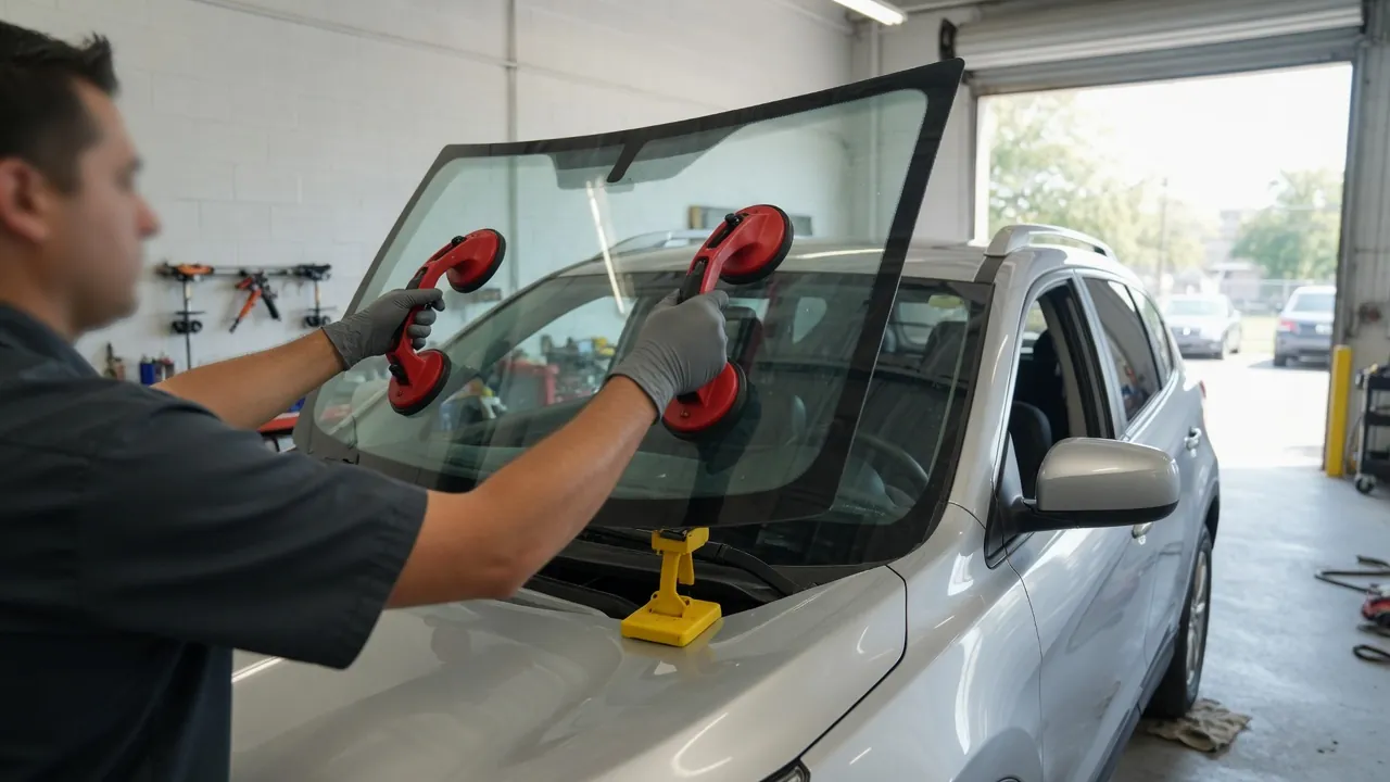 Auto glass technician fitting a new windshield onto a silver SUV in a bright service bay