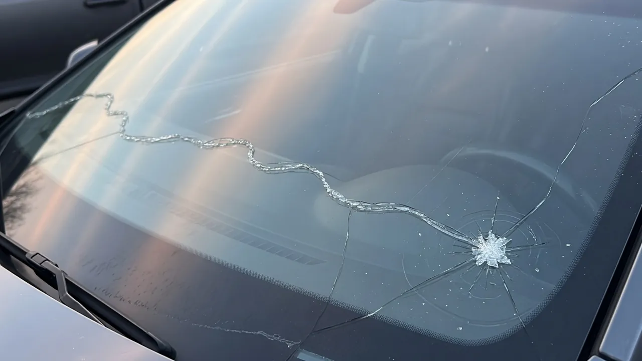 Windshield showing a small repairable rock chip next to a long crack that needs replacement