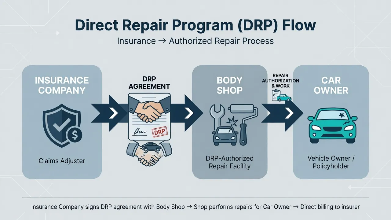 A clean infographic-style illustration showing a flow diagram: Insurance Company → DRP Agreement → Body Shop → Car Owner. Arrows connecting each node,...