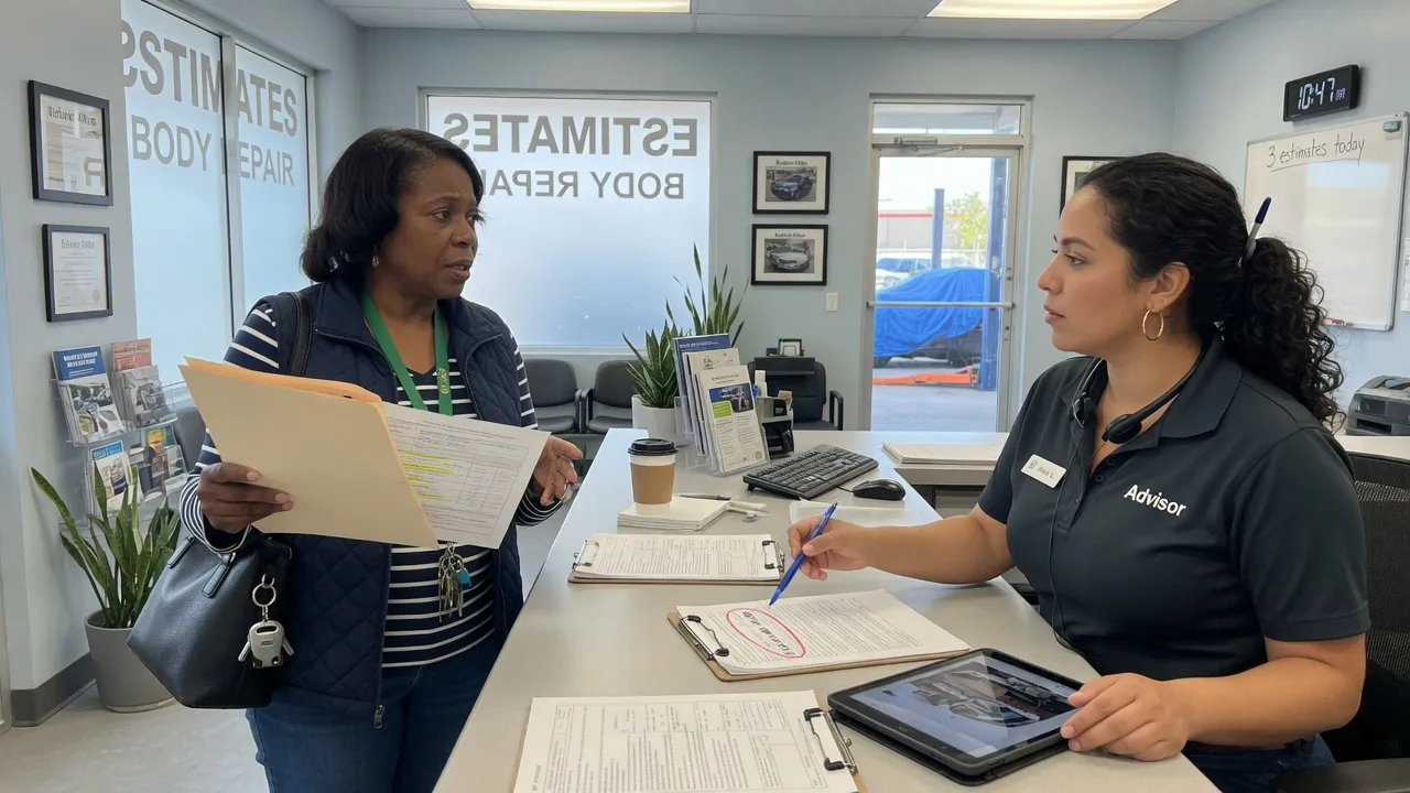 A car owner standing in a body shop, holding paperwork and speaking with a shop advisor at a front desk. The shop advisor is pointing to a document. C...