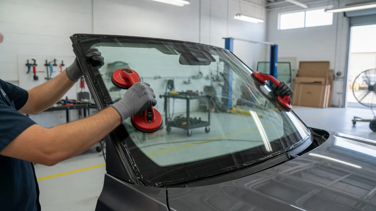 Auto glass technician fitting a new windshield onto an SUV in a service bay