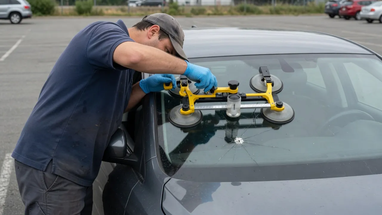 Technician preparing to inject resin into a small rock chip on a windshield
