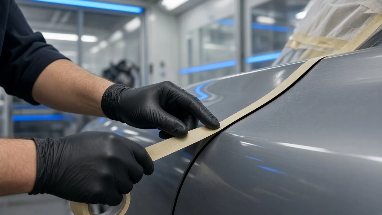 Body shop technician carefully applying masking tape along a car door panel before painting
